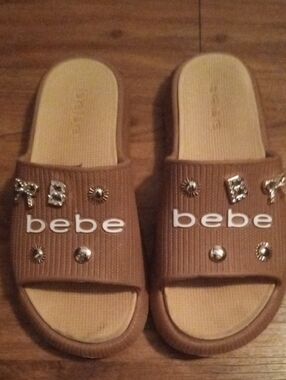 bebe Brown Slide Sandals with Embellishments